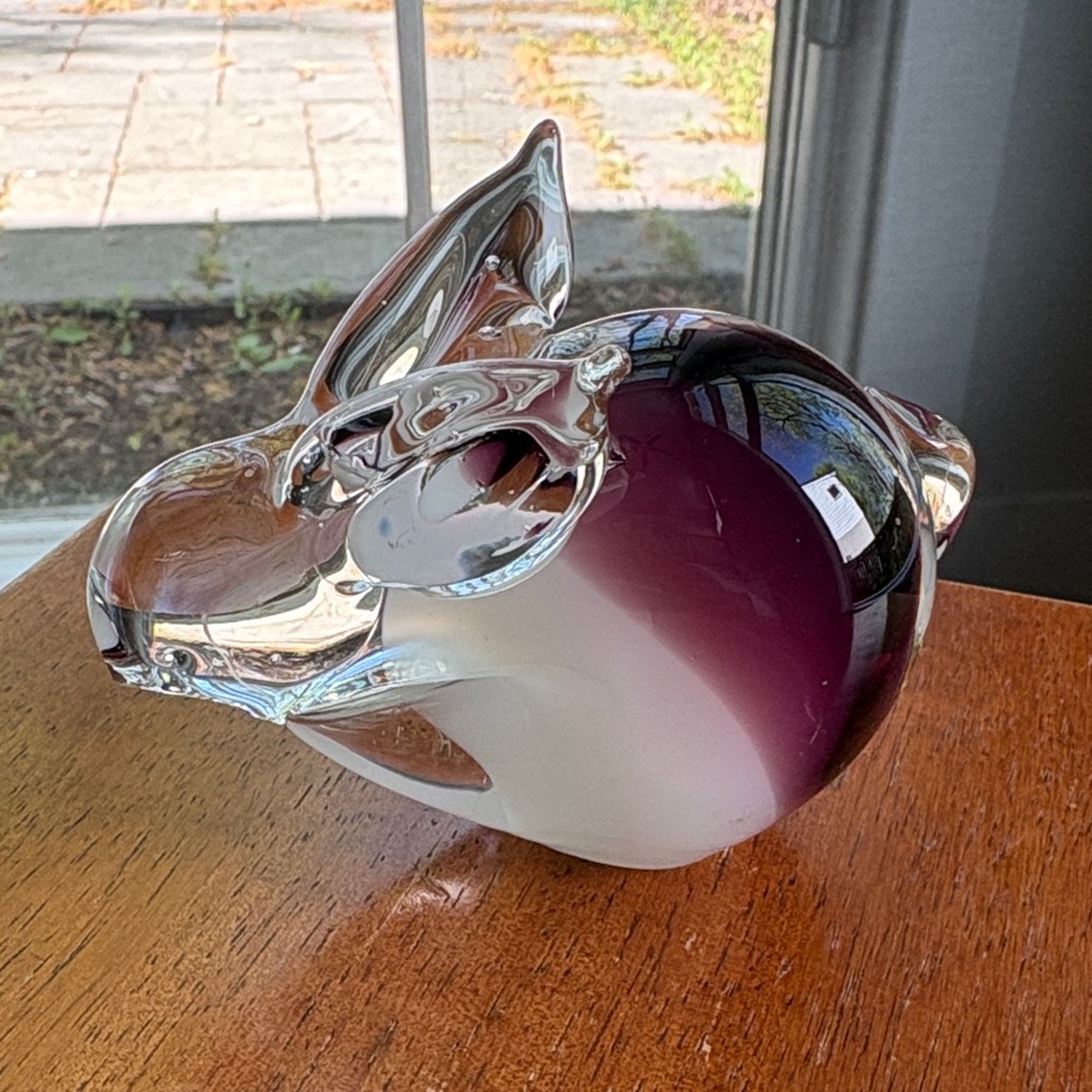 Hand Blown Glass Rabbit Figurine in Clear, White and Deep Purple